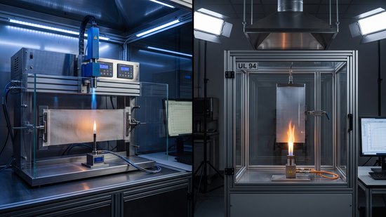 Controlled flame testing of textile and plastic specimens in a laboratory chamber